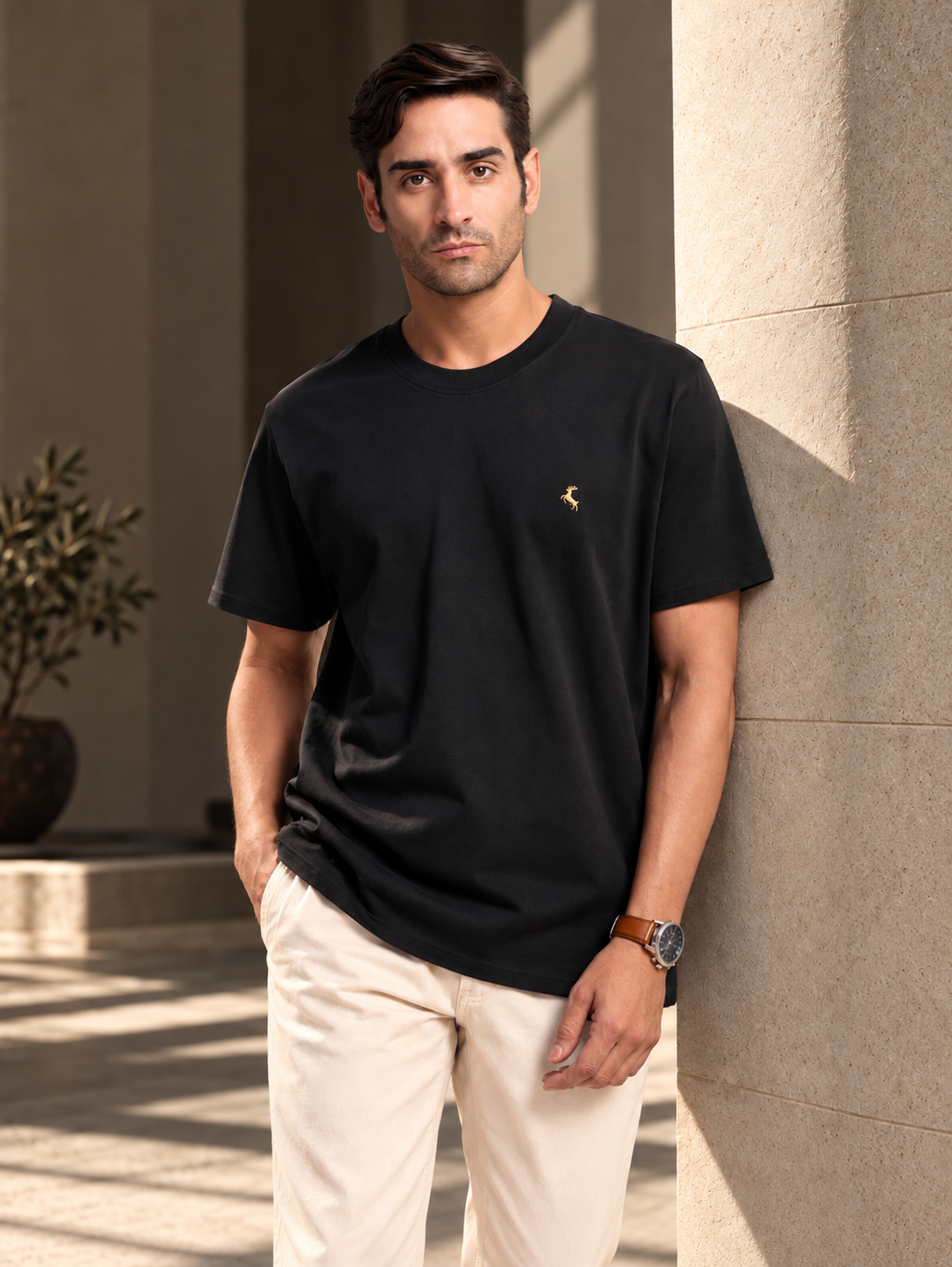 RARE STAG Jet Black Logo Jersey Crewneck T-Shirt – front view on model, studio grey background