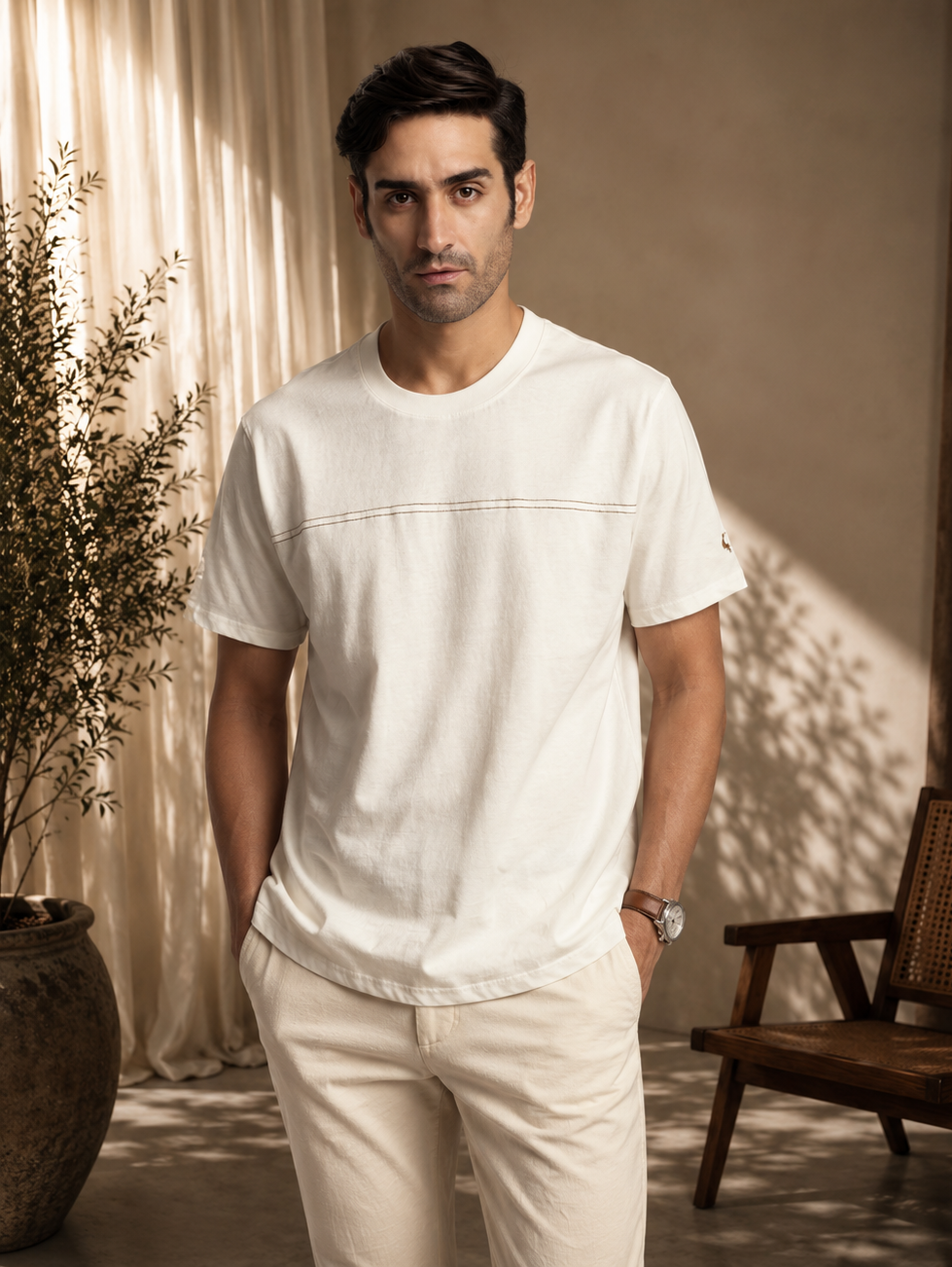 RARE STAG Embroidered Jersey Crewneck T-Shirt – front view on model, studio grey background