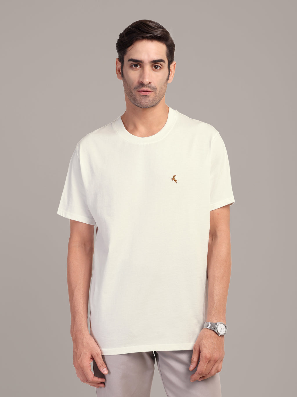 RARE STAG Off White Logo Jersey Crewneck T-Shirt – front view on model, studio grey background