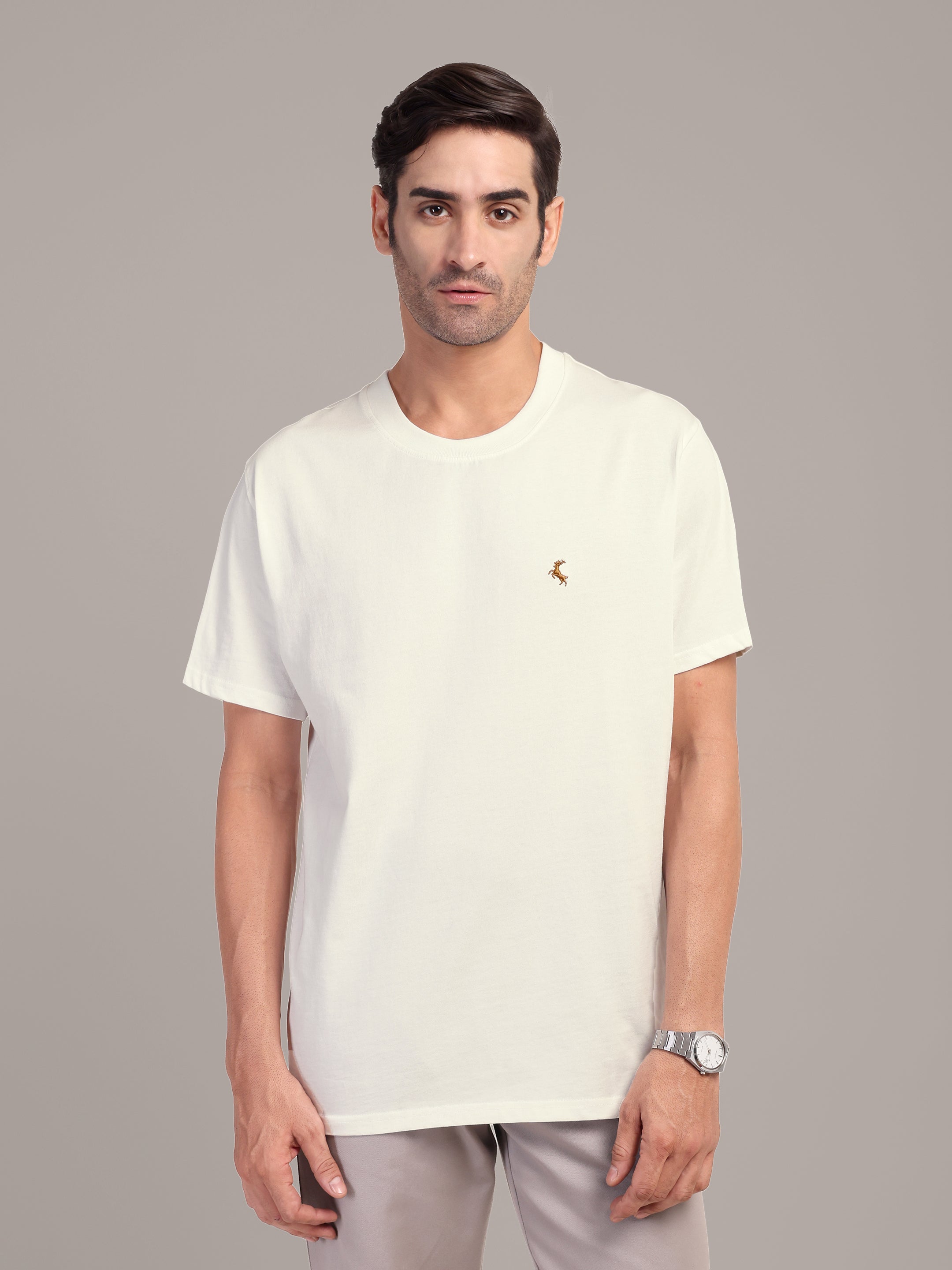RARE STAG Off White Logo Jersey Crewneck T-Shirt – front view on model, studio grey background