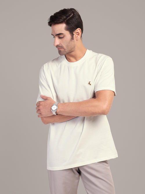 RARE STAG Off White Logo Jersey Crewneck T-Shirt – three-quarter front view on model