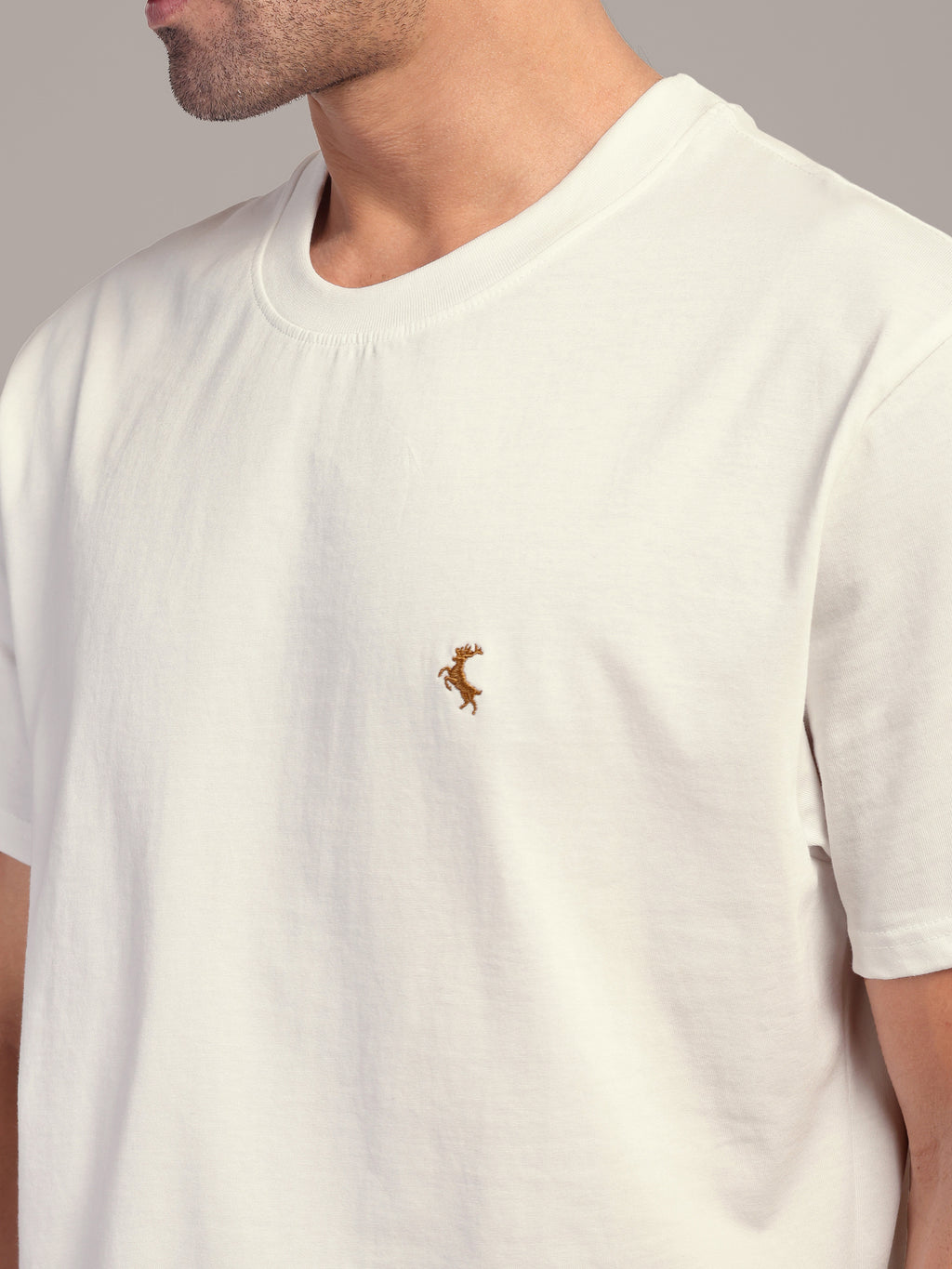 RARE STAG Off White Logo Jersey Crewneck T-Shirt – close-up of tonal logo mark on chest