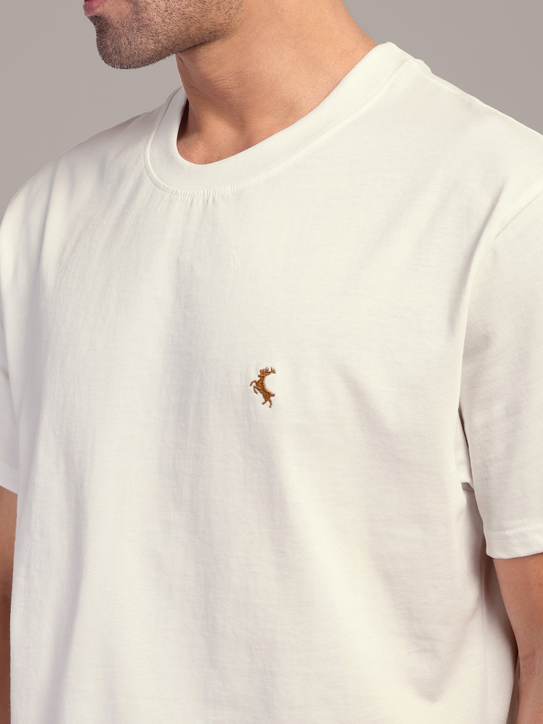 RARE STAG Off White Logo Jersey Crewneck T-Shirt – close-up of tonal logo mark on chest