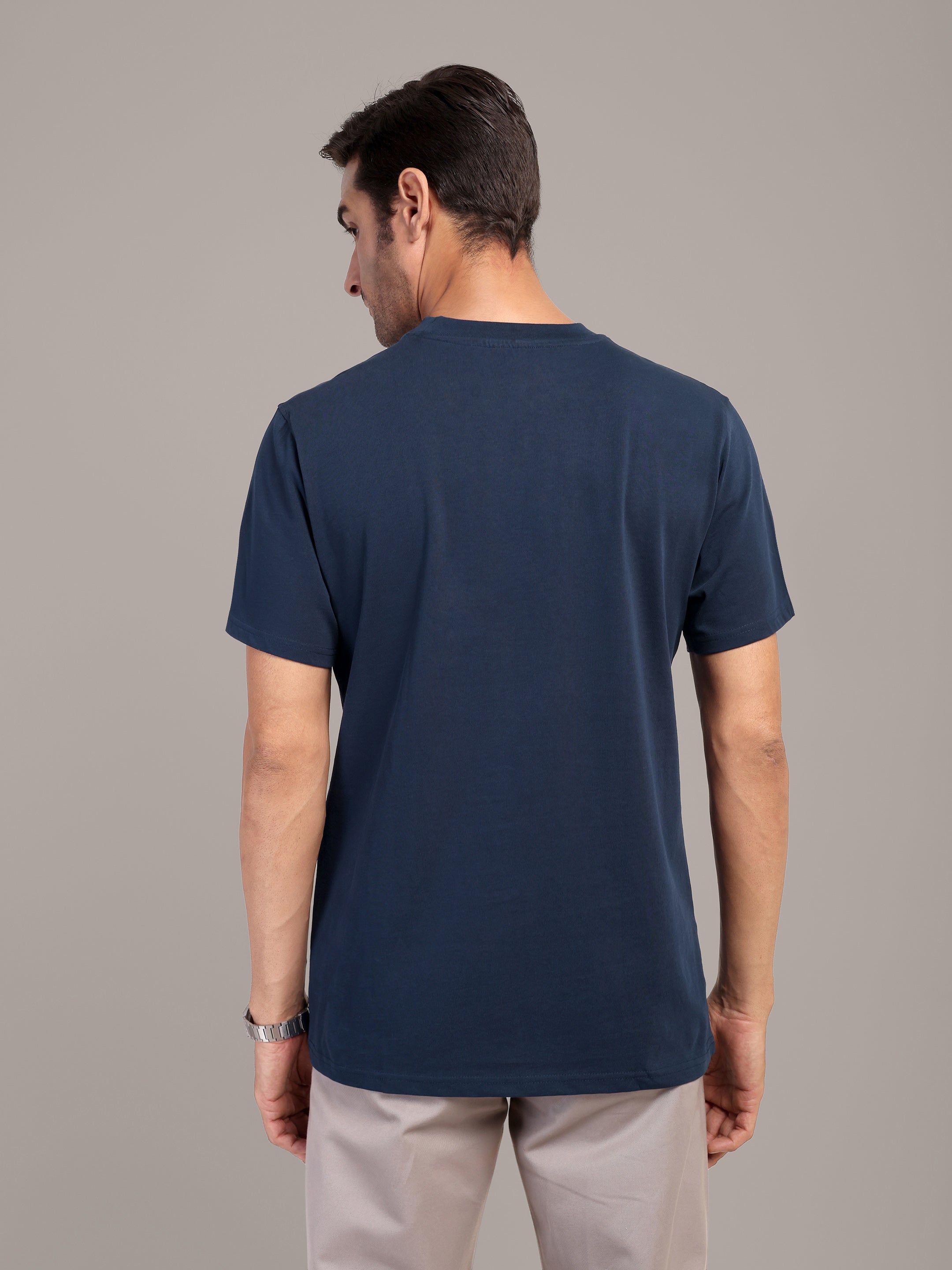 RARE STAG Navy Logo Jersey Crewneck T-Shirt – back view on model