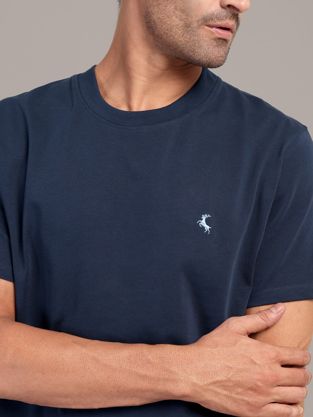 RARE STAG Navy Logo Jersey Crewneck T-Shirt – close-up of tonal logo mark on chest