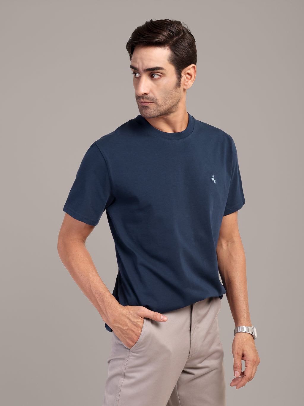 RARE STAG Navy Logo Jersey Crewneck T-Shirt – side view on model showing fit and silhouette