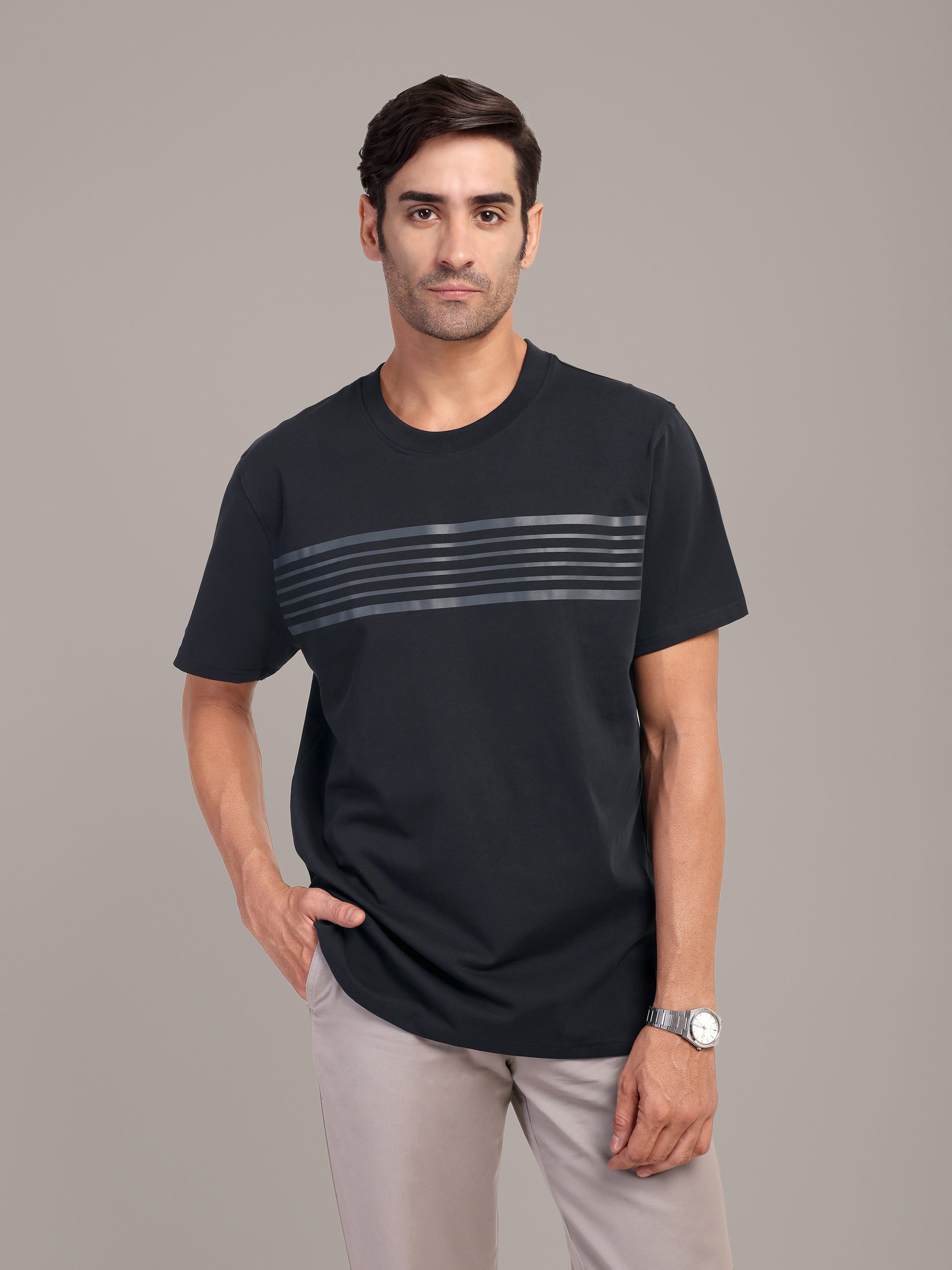 RARE STAG Stripe Jersey Crewneck T-Shirt – front view on model, studio grey background