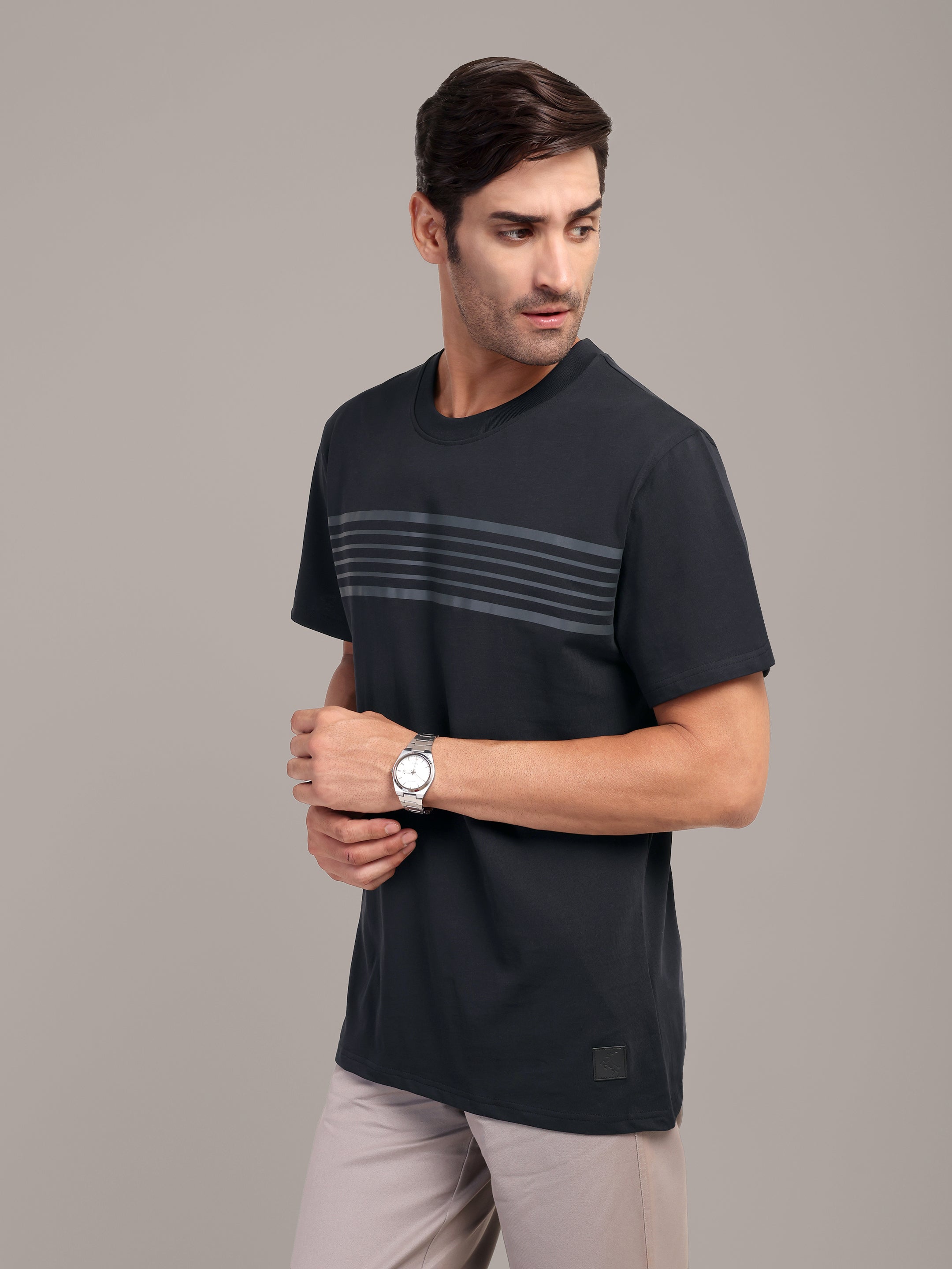 RARE STAG Stripe Jersey Crewneck T-Shirt – three-quarter front view on model