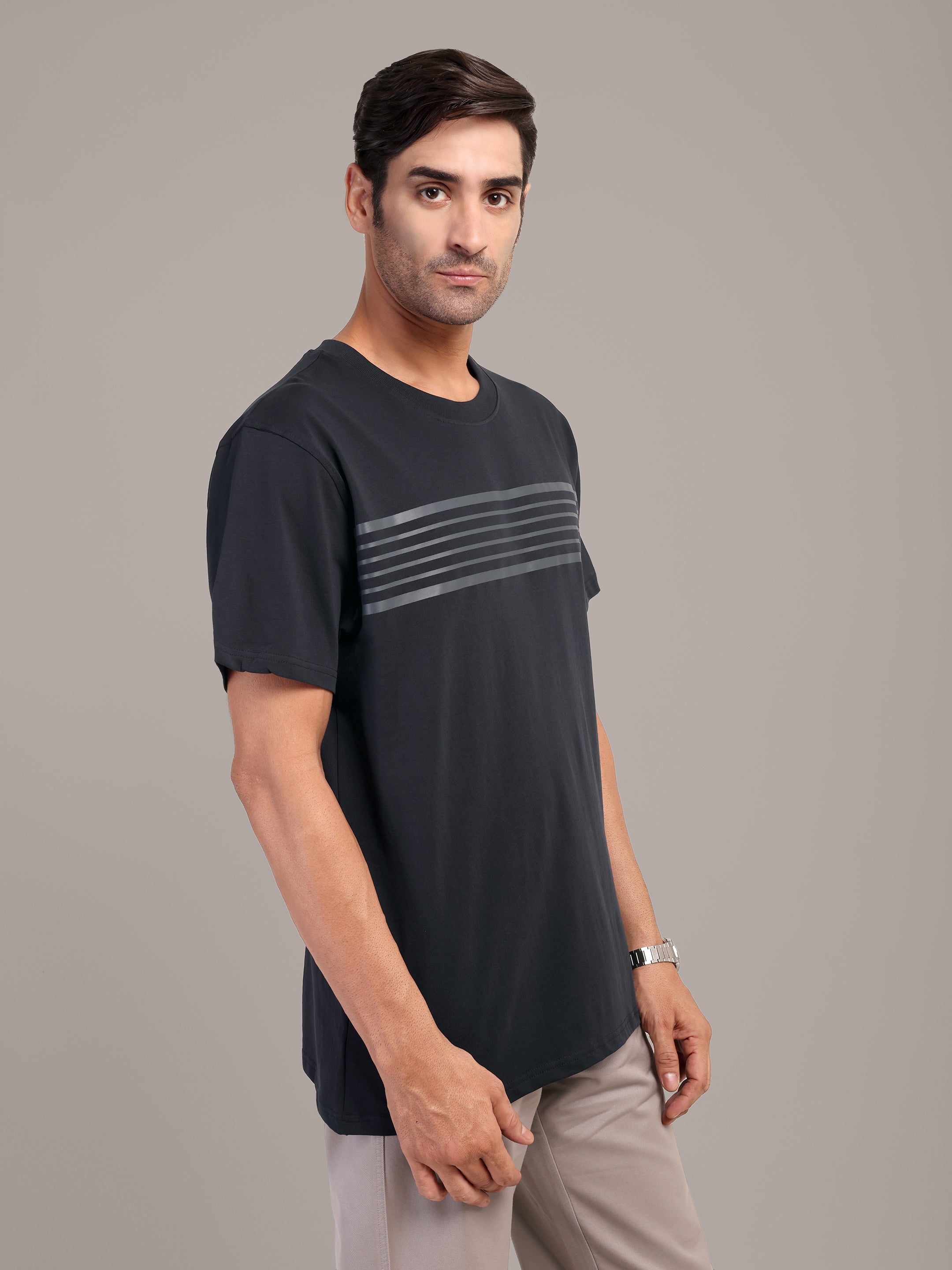 RARE STAG Stripe Jersey Crewneck T-Shirt – side view on model showing fit and silhouette
