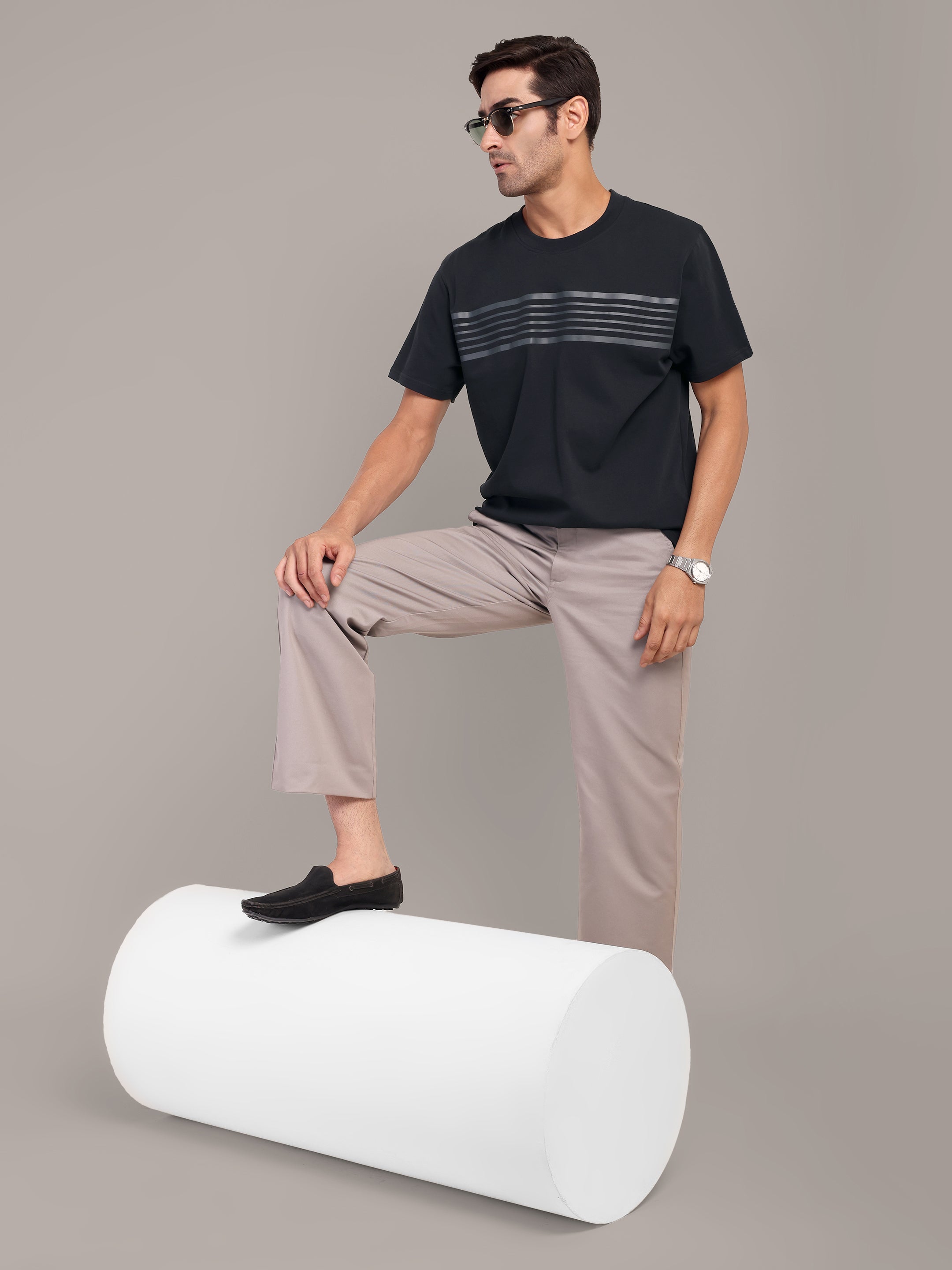 RARE STAG Stripe Jersey Crewneck T-Shirt – full-length on model showing regular fit