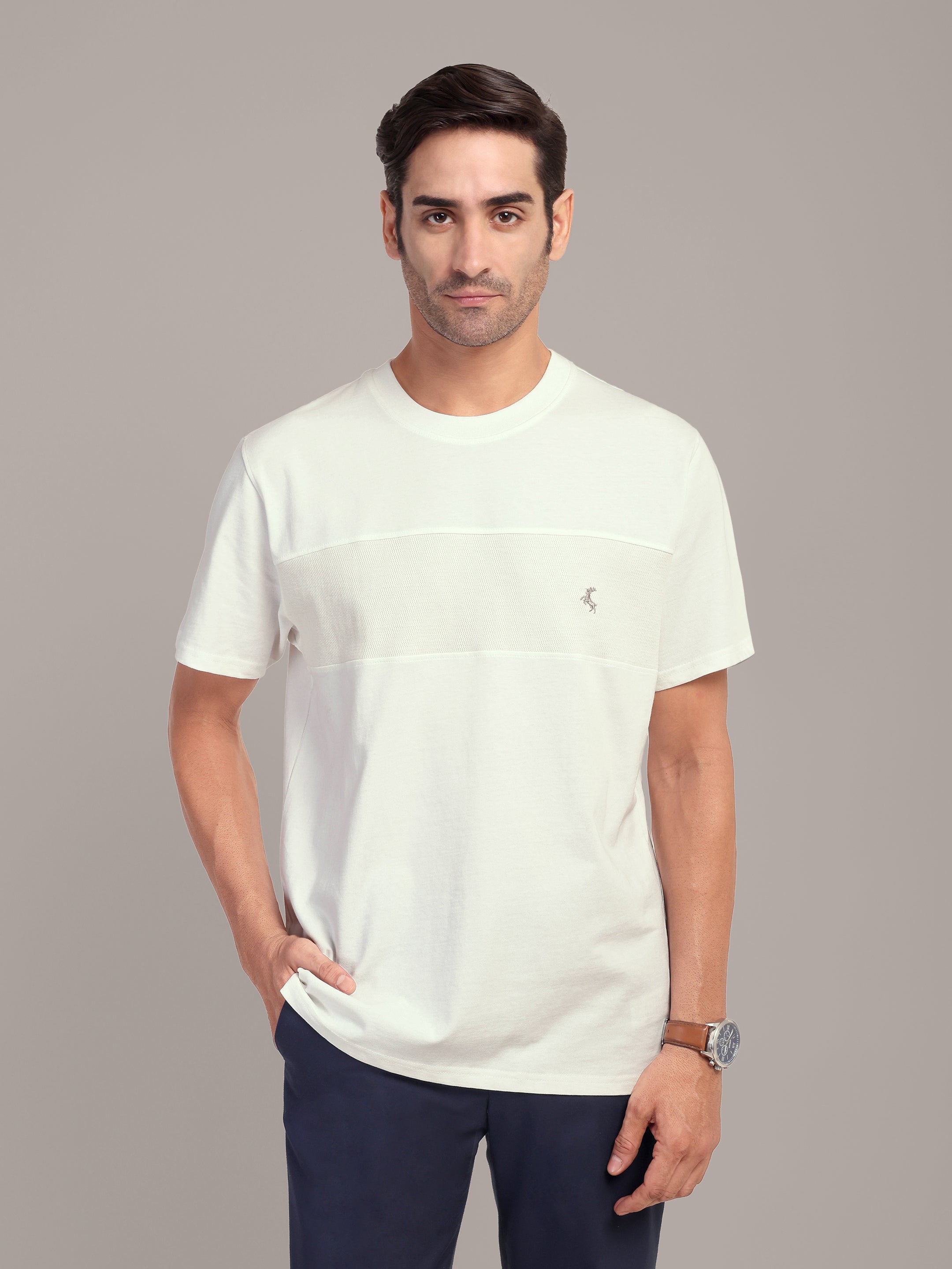 RARE STAG Mesh Panel Jersey Crewneck T-Shirt – front view on model, studio grey background