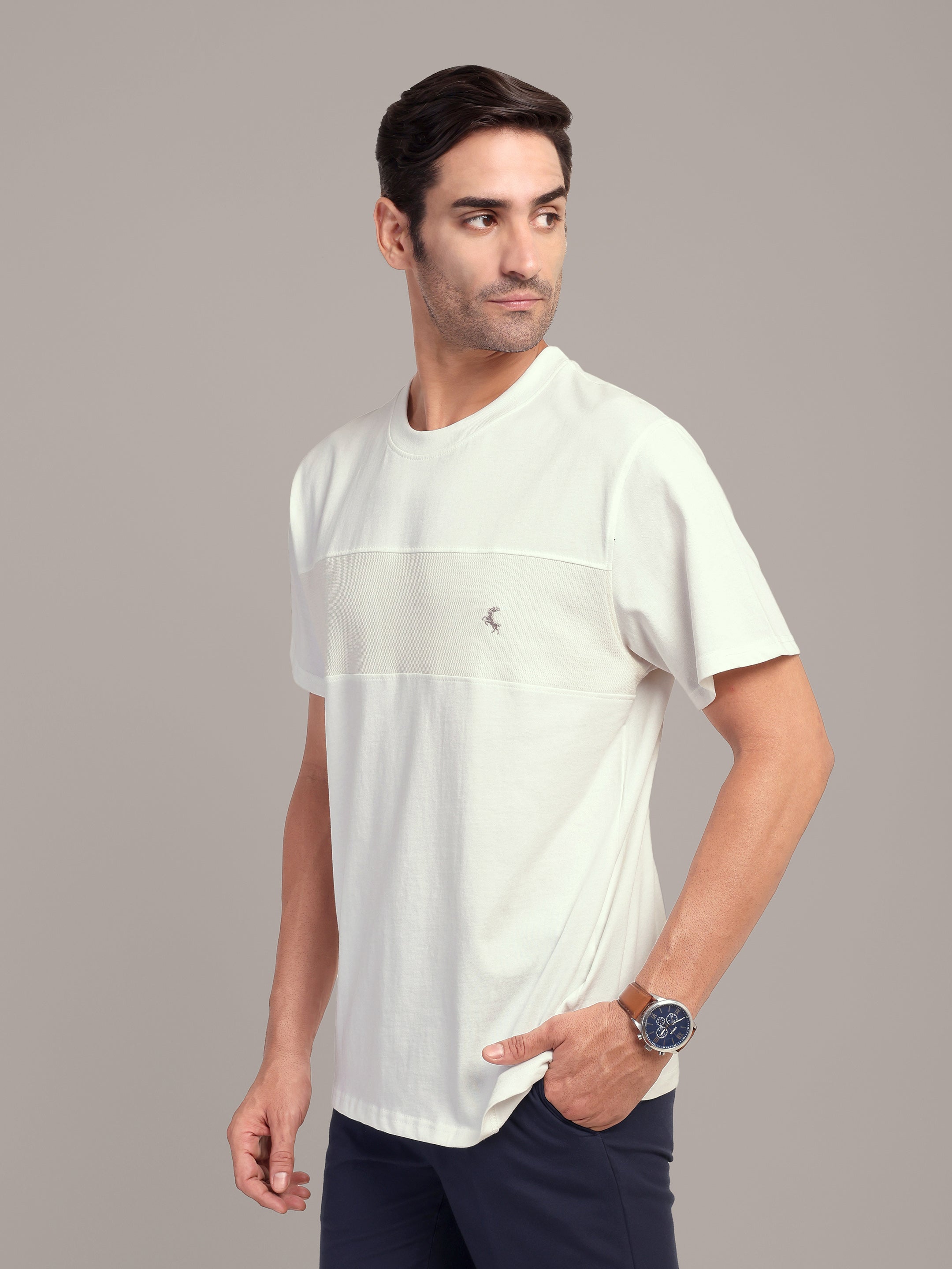 RARE STAG Mesh Panel Jersey Crewneck T-Shirt – three-quarter front view on model