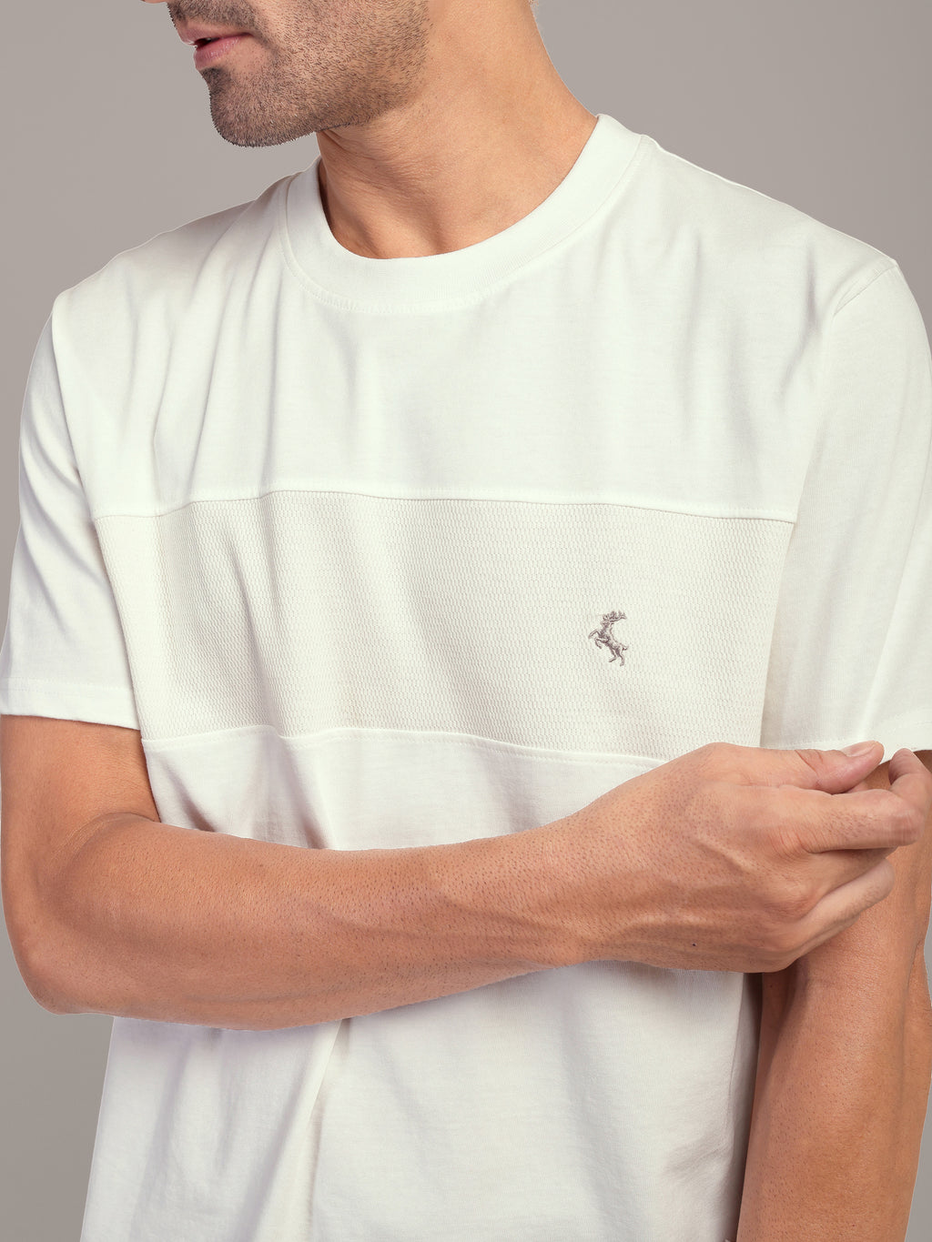 RARE STAG Mesh Panel Jersey Crewneck T-Shirt – close-up of mesh panel texture and construction