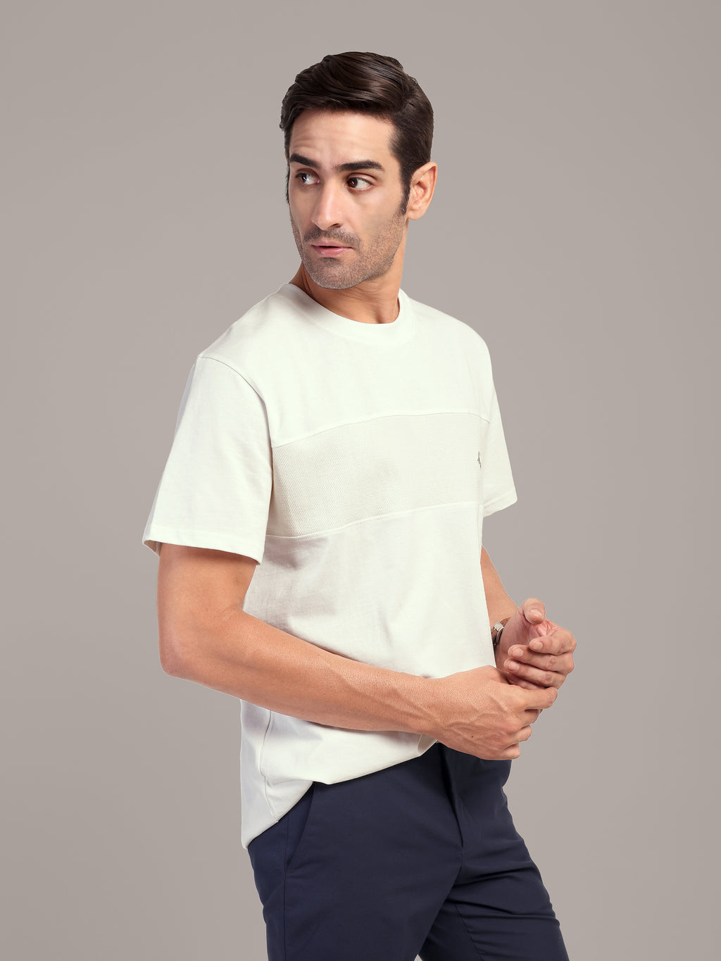RARE STAG Mesh Panel Jersey Crewneck T-Shirt – side view showing mesh panel contrast detail