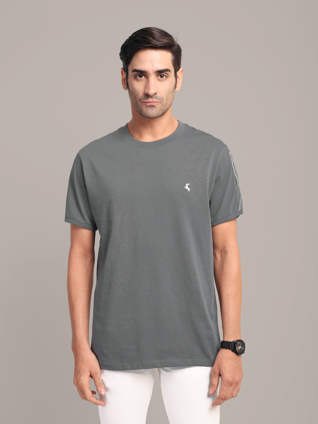 RARE STAG Pressure Line Jersey Crewneck T-Shirt in Charcoal Grey – front view on model, studio grey background