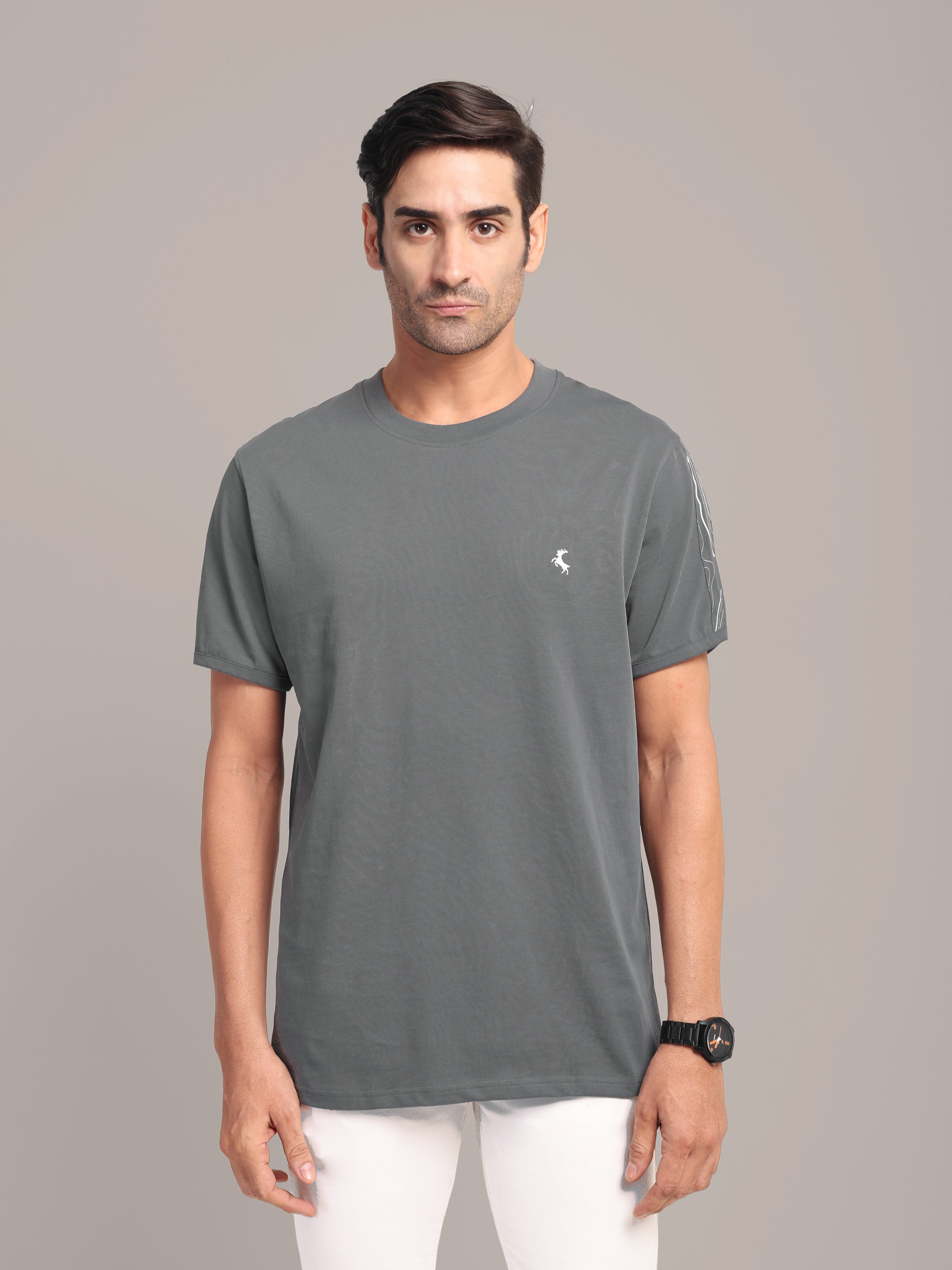 RARE STAG Pressure Line Jersey Crewneck T-Shirt in Charcoal Grey – front view on model, studio grey background