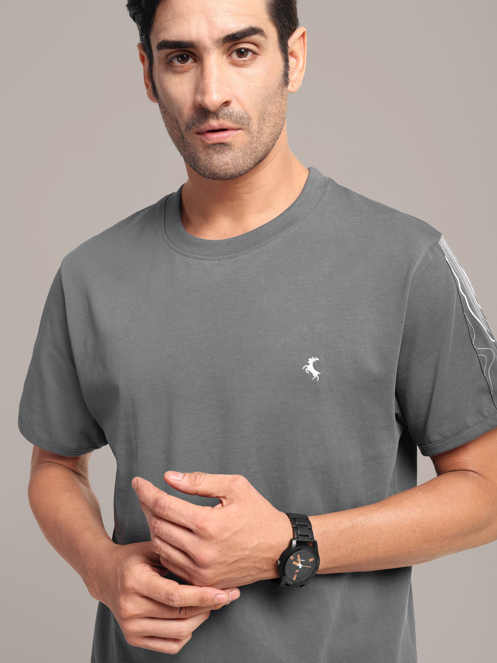 RARE STAG Pressure Line Jersey Crewneck T-Shirt – front view closeup showing left sleeve Pressure Line graphic and chest stag embroidery