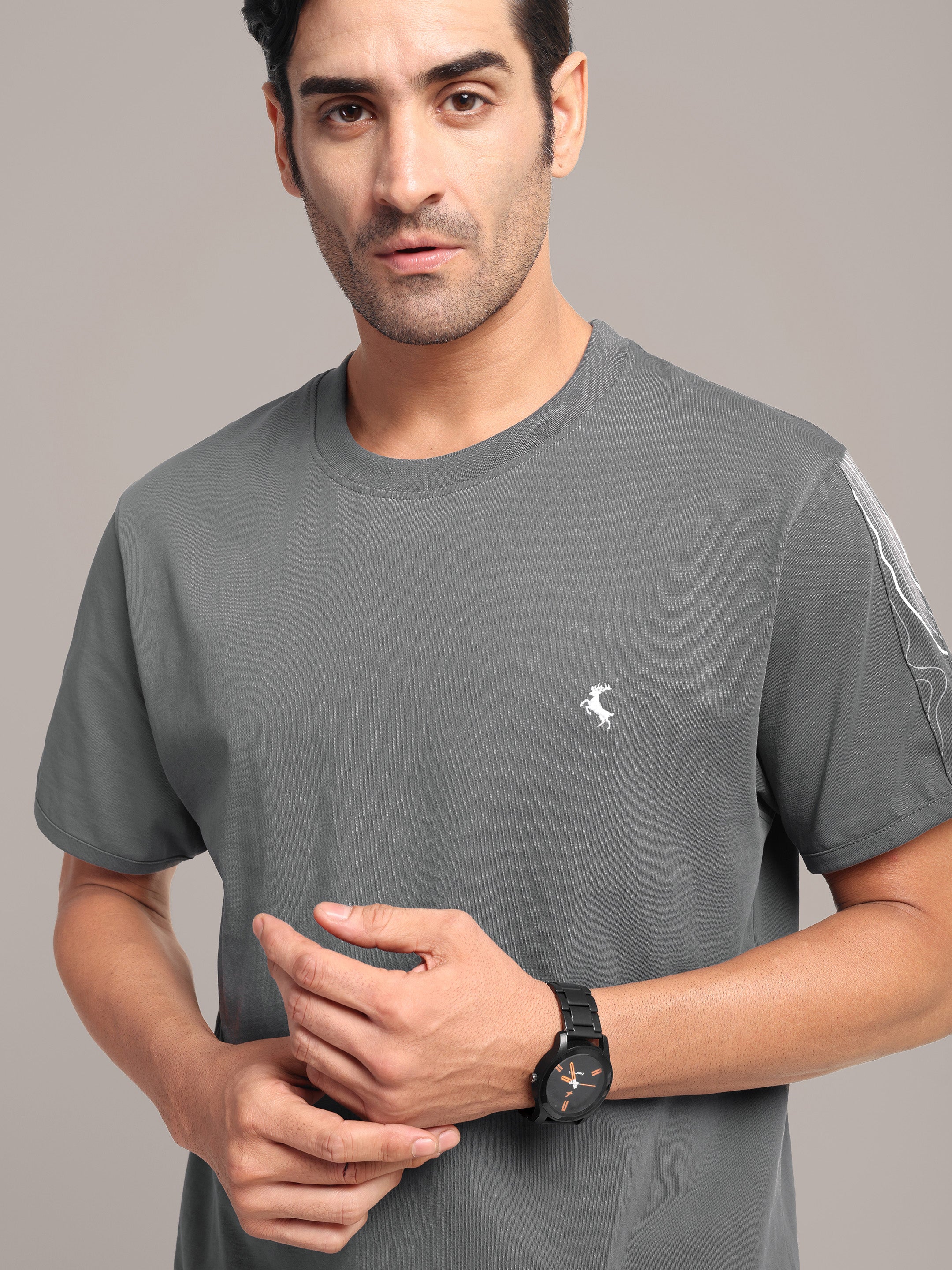 RARE STAG Pressure Line Jersey Crewneck T-Shirt – front view closeup showing left sleeve Pressure Line graphic and chest stag embroidery