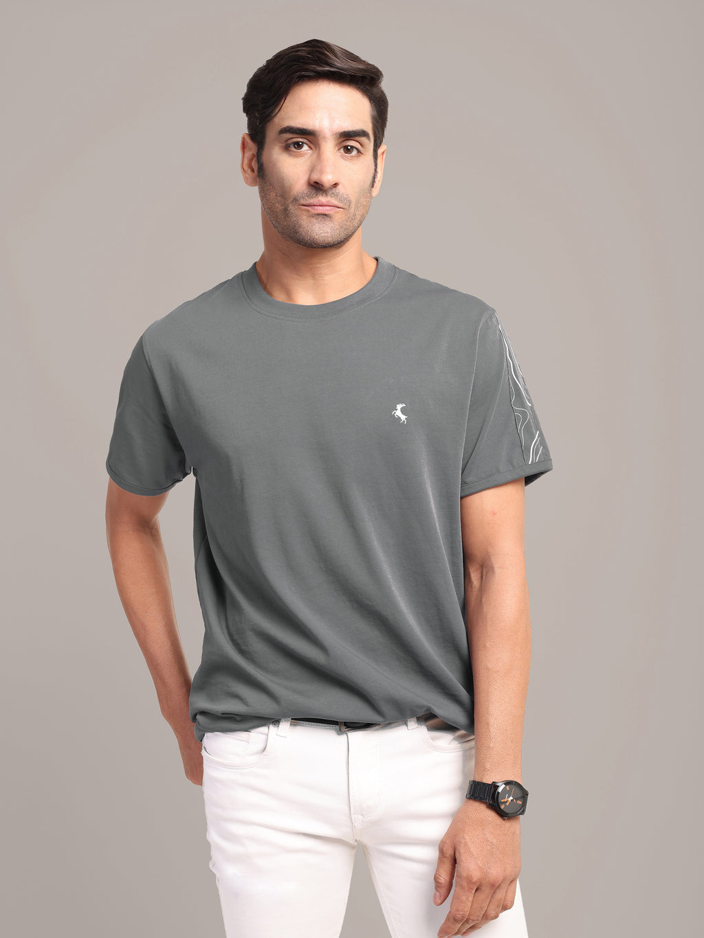 RARE STAG Pressure Line Jersey Crewneck T-Shirt in Charcoal Grey – front view on model, studio grey background