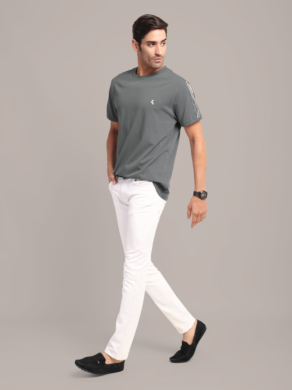 RARE STAG Pressure Line Jersey Crewneck T-Shirt in Charcoal Grey – full-length on model showing regular fit