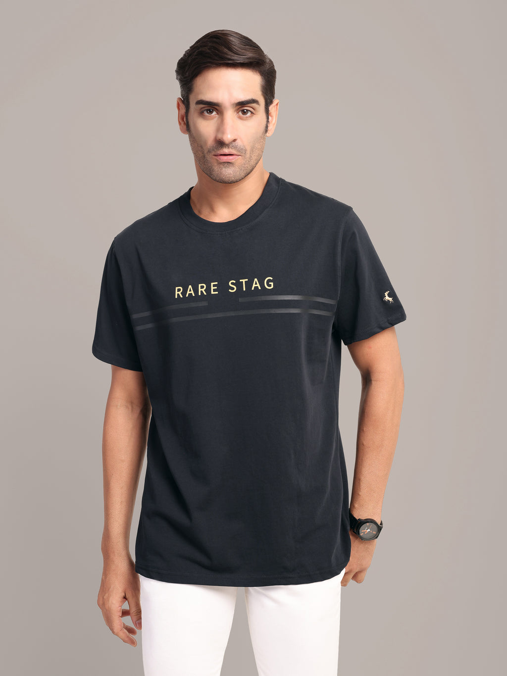 RARE STAG Wordmark Jersey Crewneck T-Shirt – front view on model, studio grey background