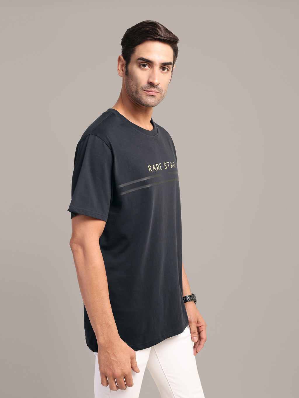 RARE STAG Wordmark Jersey Crewneck T-Shirt – side view on model showing fit and silhouette