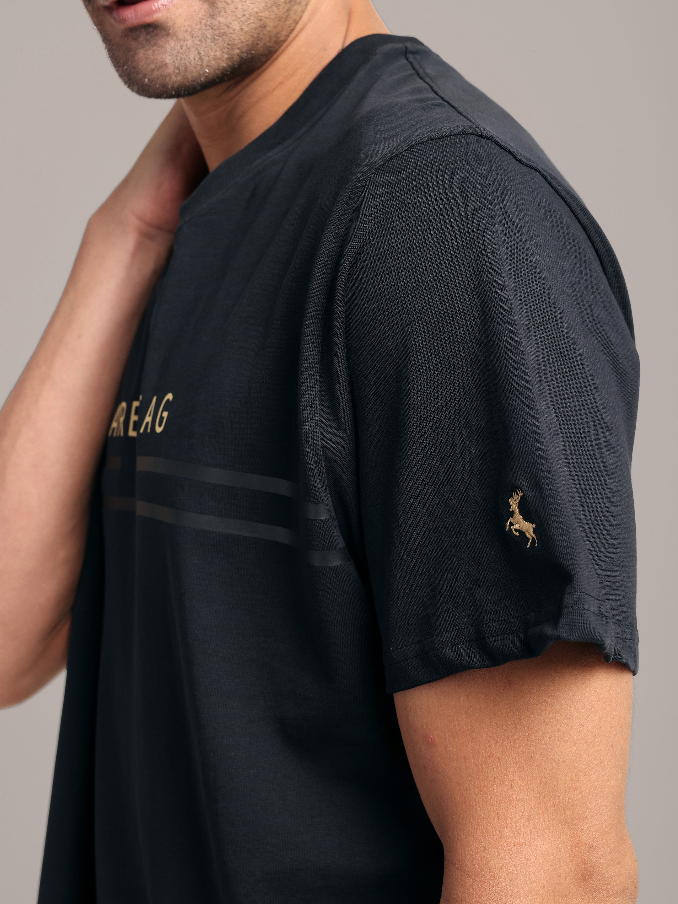 RARE STAG Wordmark Jersey Crewneck T-Shirt – close-up of RARE STAG wordmark and logo placement