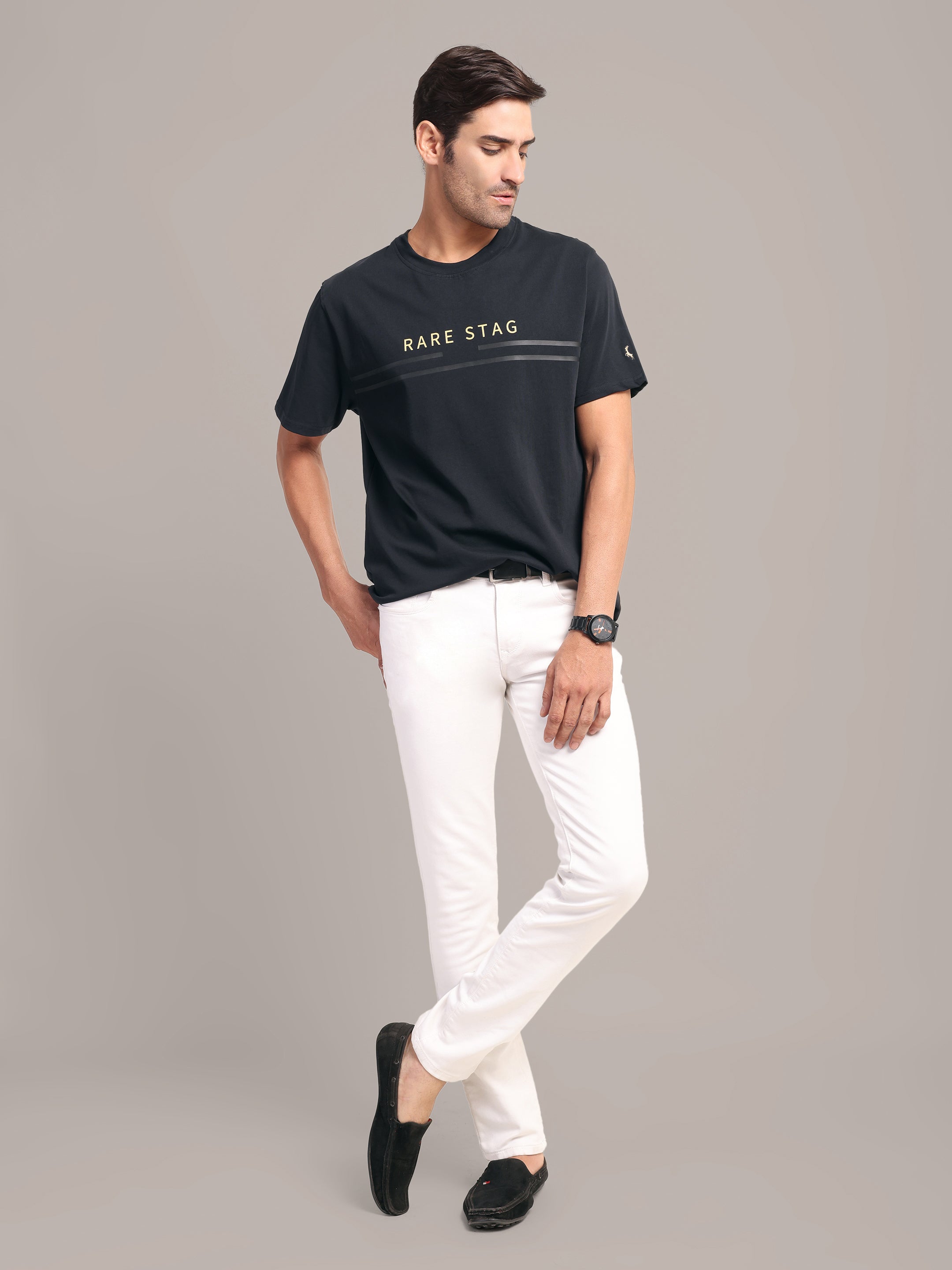 RARE STAG Wordmark Jersey Crewneck T-Shirt – full-length on model showing regular fit