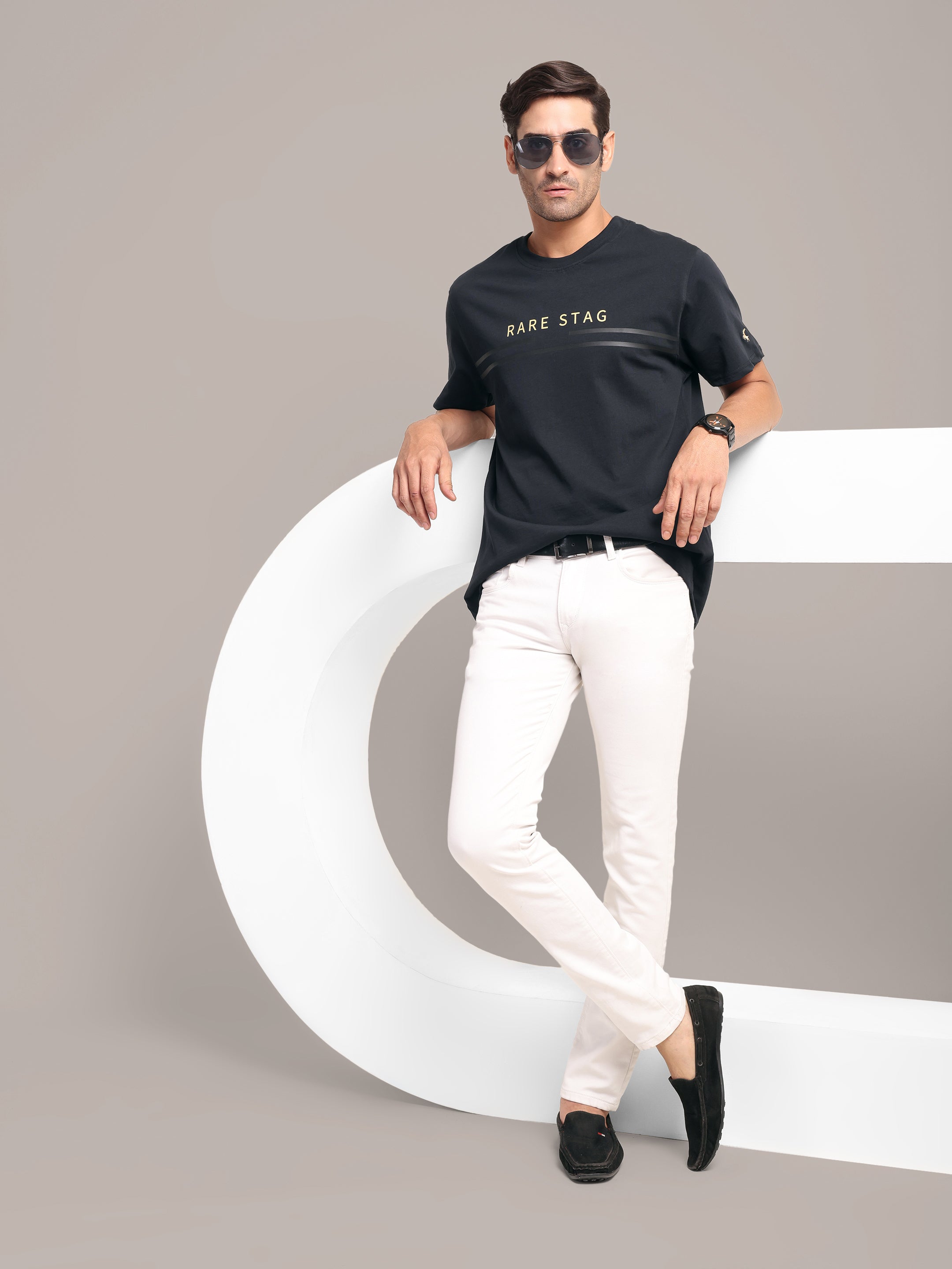 RARE STAG Wordmark Jersey Crewneck T-Shirt – full-length on model showing regular fit