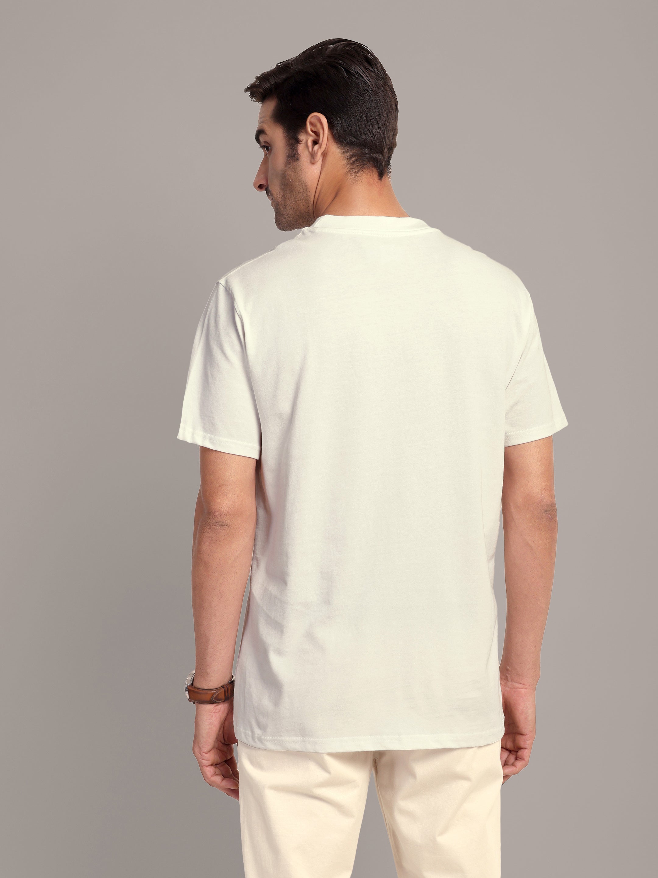 RARE STAG Embroidered Jersey Crewneck T-Shirt – back view on model showing regular fit