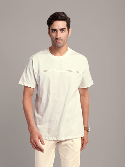RARE STAG Embroidered Jersey Crewneck T-Shirt – front view on model, studio grey background