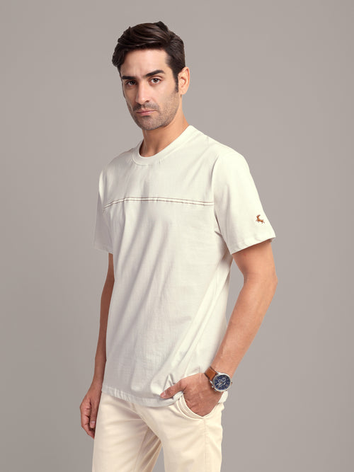 RARE STAG Embroidered Jersey Crewneck T-Shirt – three-quarter front view on model