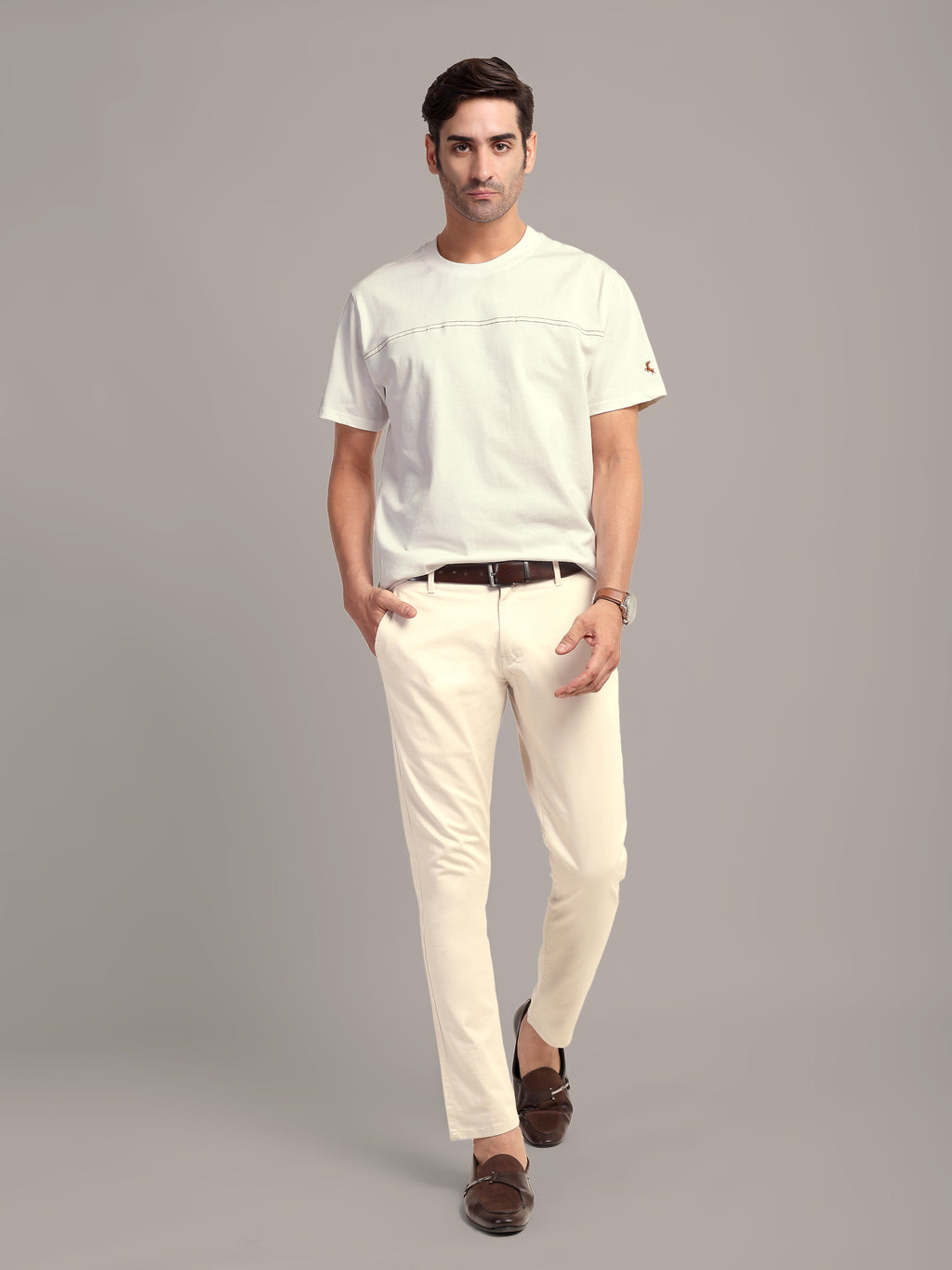 RARE STAG Embroidered Jersey Crewneck T-Shirt – full-length on model showing silhouette and fit
