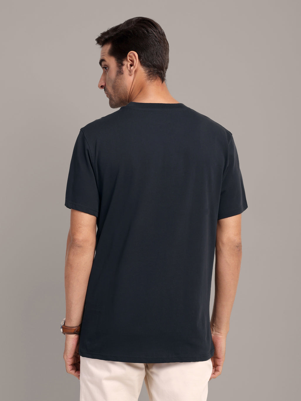 RARE STAG Jet Black Logo Jersey Crewneck T-Shirt – back view on model
