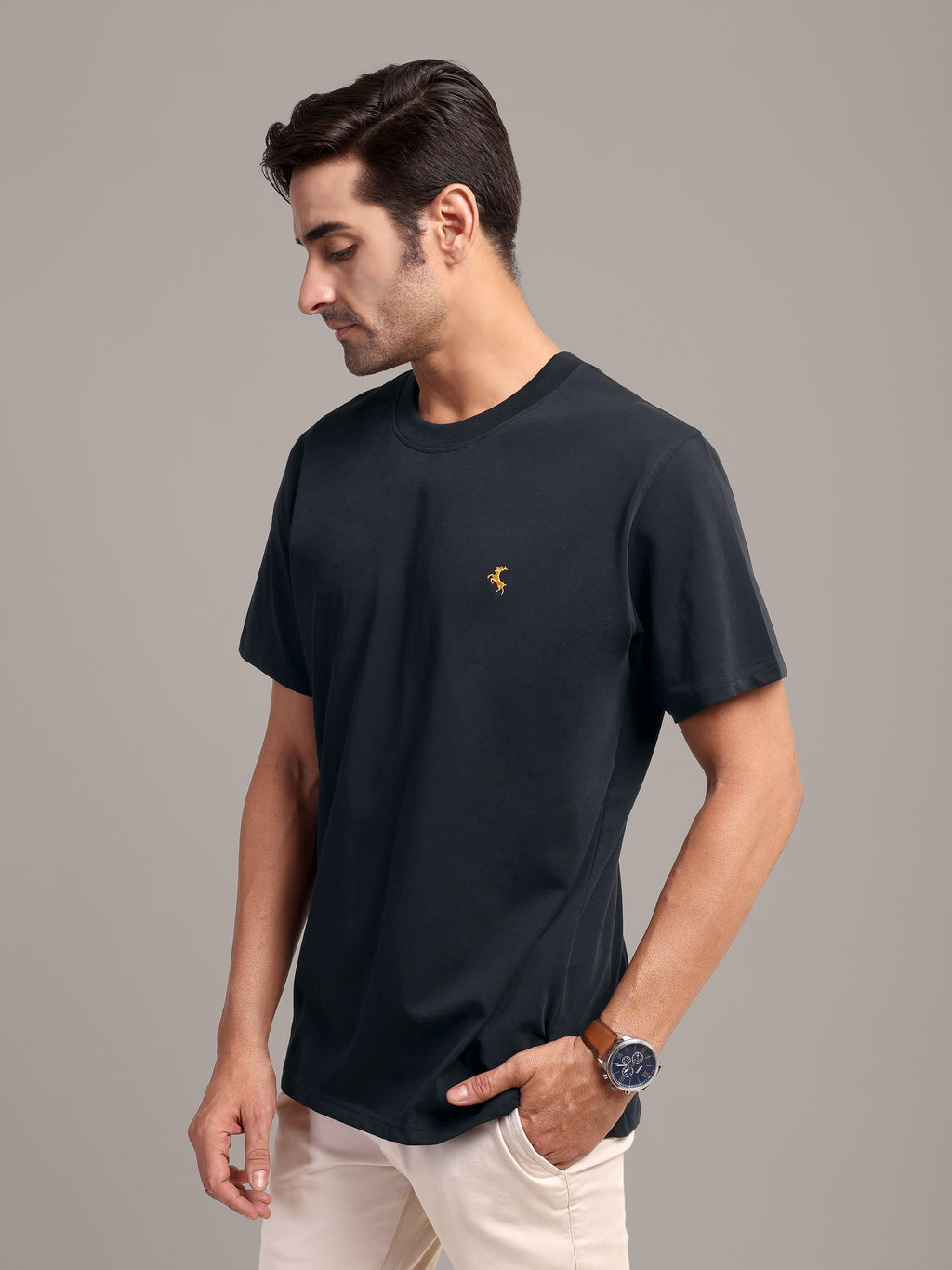 RARE STAG Jet Black Logo Jersey Crewneck T-Shirt – side view on model showing fit and silhouette