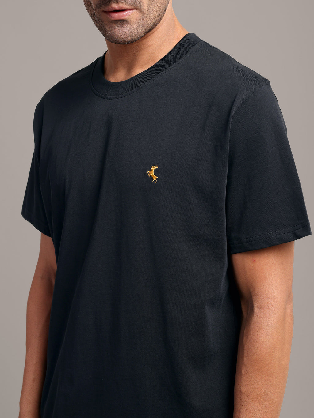 RARE STAG Jet Black Logo Jersey Crewneck T-Shirt – close-up of tonal logo mark on chest